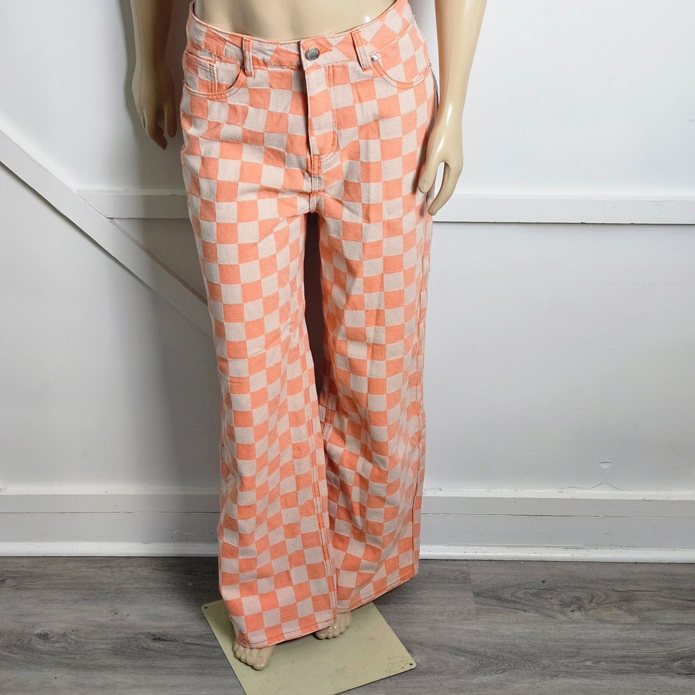 Nasty Gal Twill Checkerboard High Waist Baggy Orange Wide Leg Pants US 8 NEW